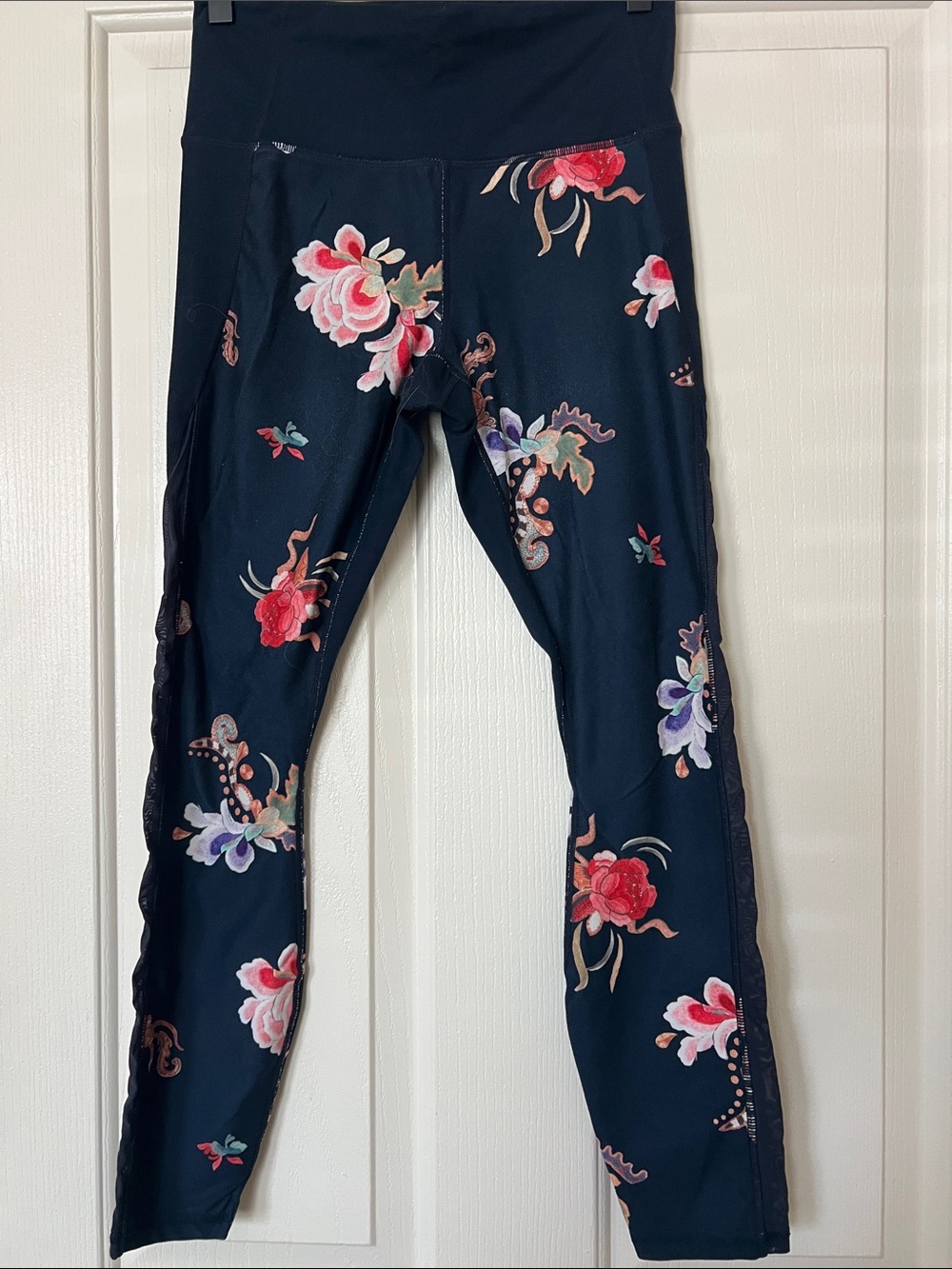 Athleta Black Leggings with Red, Pink & Purple Floral Print